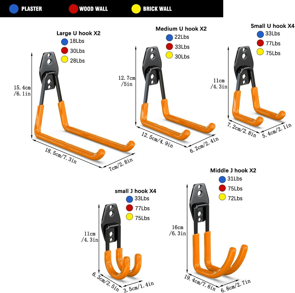 Garage Wall Hooks 14 Pack, Garage Hooks Heavy Duty with Extra Welding Spots, Wall Mount Storage Organizer for Hanging Garden Lawn Tools Ladder Bike Weedeater Chair Shovel Blower (Orange)