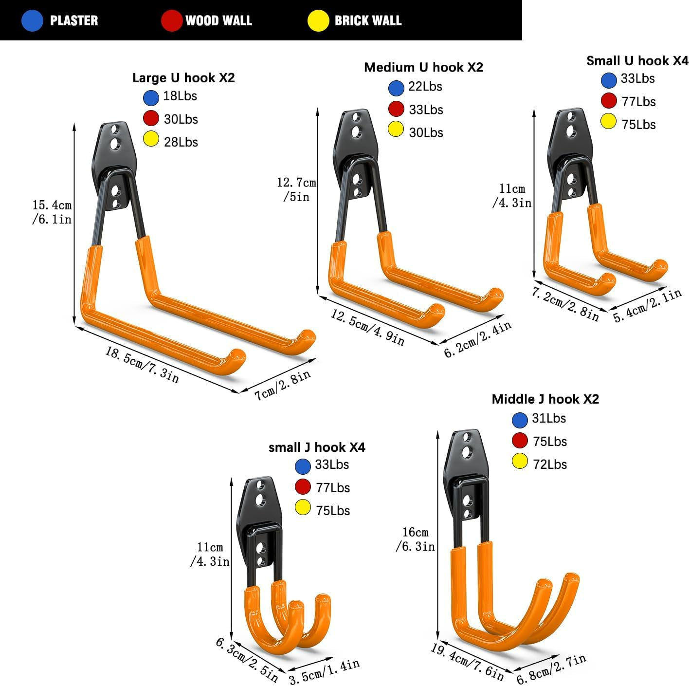 Garage Wall Hooks 14 Pack, Garage Hooks Heavy Duty with Extra Welding Spots, Wall Mount Storage Organizer for Hanging Garden Lawn Tools Ladder Bike Weedeater Chair Shovel Blower (Orange)