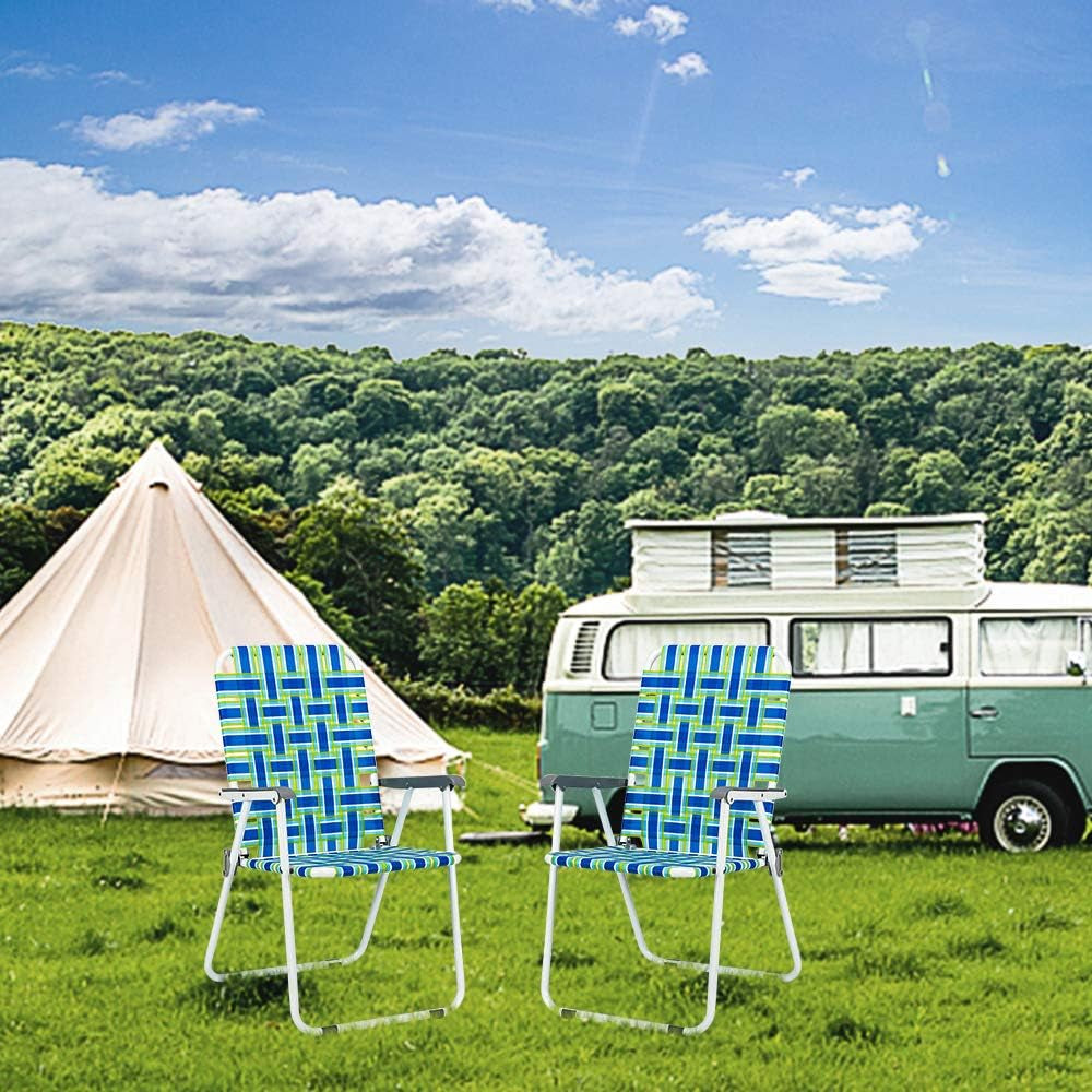 Patio Lawn Webbed Folding Chairs Set of 2, Outdoor Beach Portable Lawn Chair Camping Chair Beach Chair for Yard, Garden Dining (Blue, Classic)