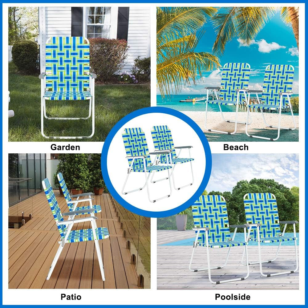Patio Lawn Webbed Folding Chairs Set of 2, Outdoor Beach Portable Lawn Chair Camping Chair Beach Chair for Yard, Garden Dining (Blue, Classic)