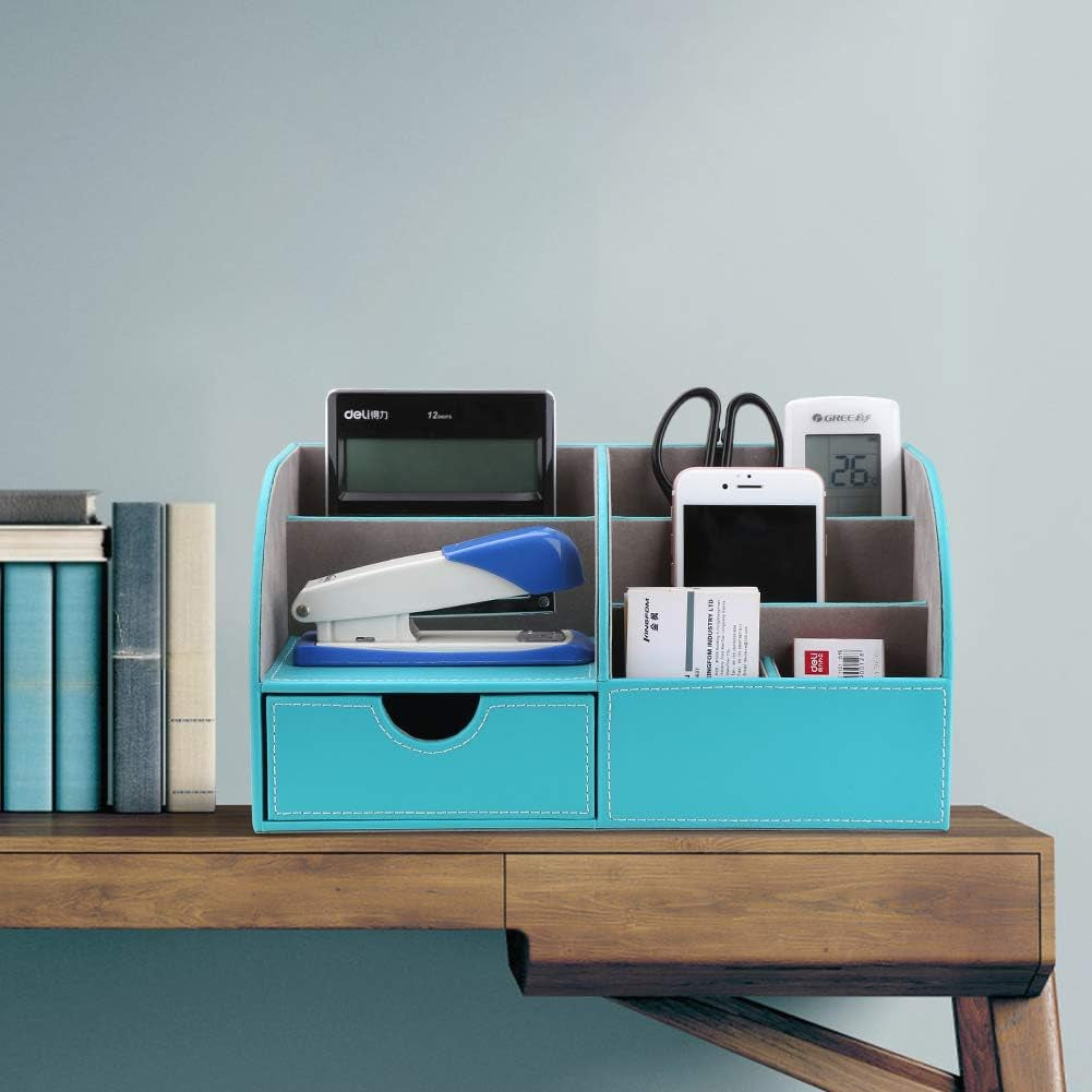 Pu Leather Desk Organizer Pen Pencil Holder Office Supplies Caddy Storage Box 6 Compartments with Drawer Mint Blue(Half PU)