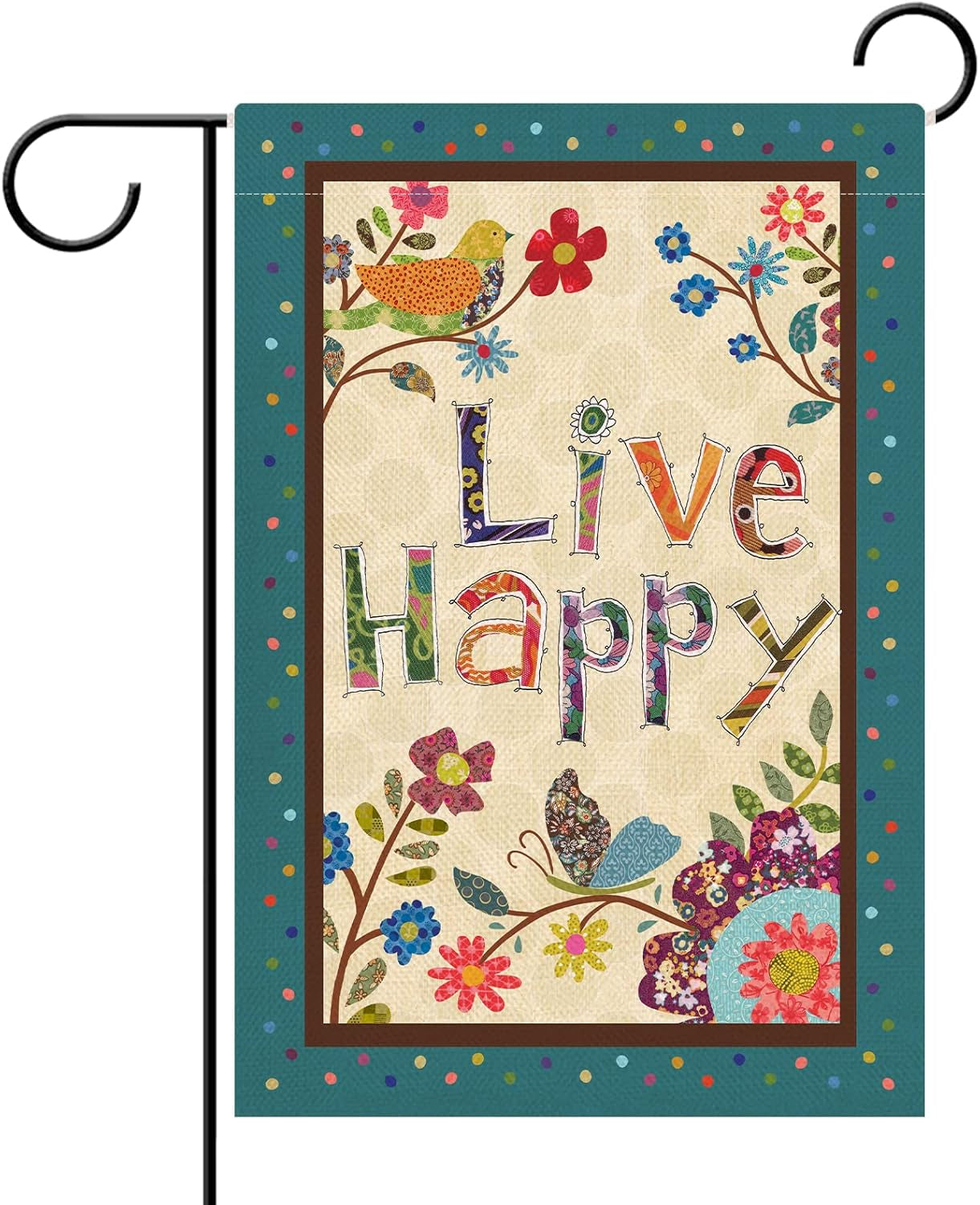 Live Happy Decorative Small Garden Flag Flower Bird, Spring Summer Inspirational Quote House Yard Outdoor Butterfly Floral Decor Double Sided, Fall Positive Farmhouse outside Decoration 12 X 18