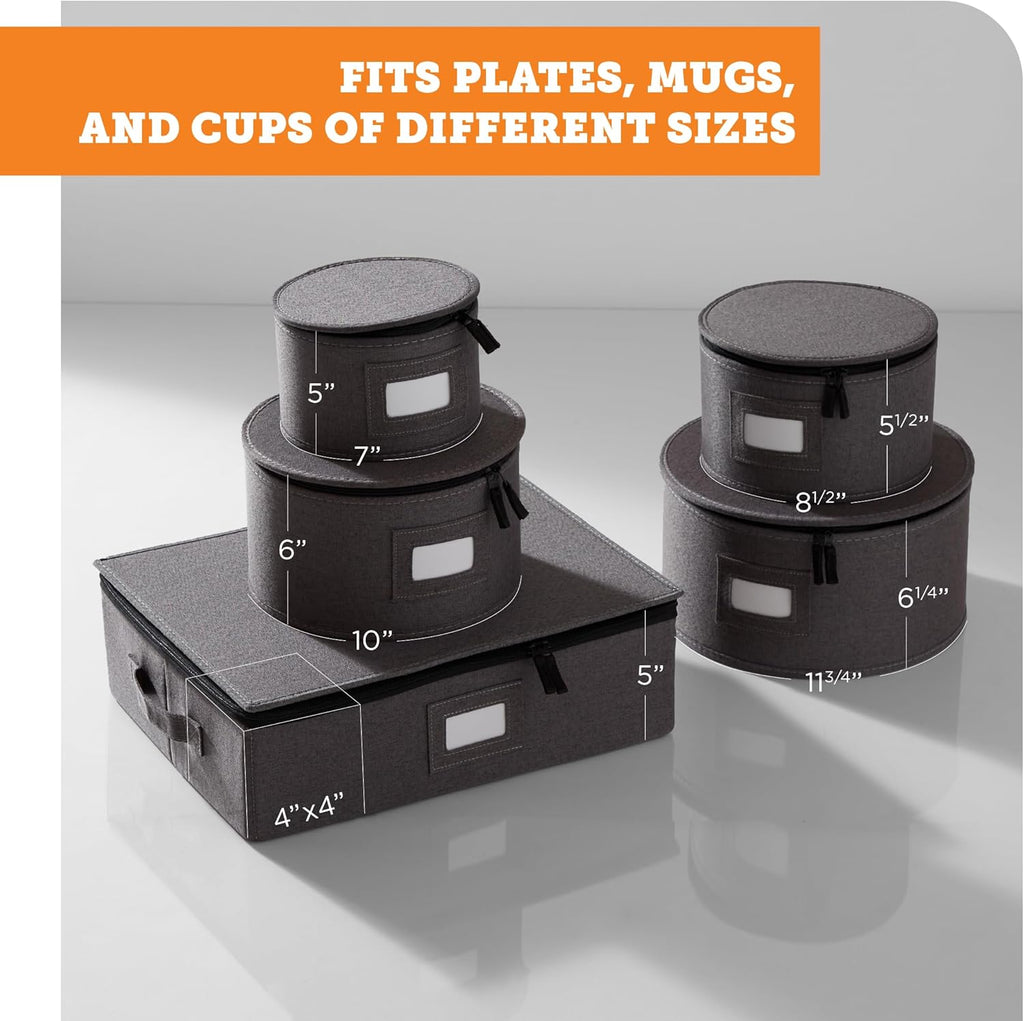 China Storage Containers, Hard Shell Case with Felt Dividers for Charger Plates, and Dishes, Ideal for Kitchen Organization, Moving Supplies, and Fine China Storage - 5-Piece Set, Gray