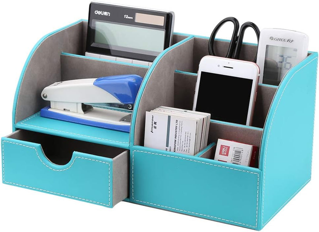 Pu Leather Desk Organizer Pen Pencil Holder Office Supplies Caddy Storage Box 6 Compartments with Drawer Mint Blue(Half PU)