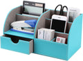 Pu Leather Desk Organizer Pen Pencil Holder Office Supplies Caddy Storage Box 6 Compartments with Drawer Mint Blue(Half PU)