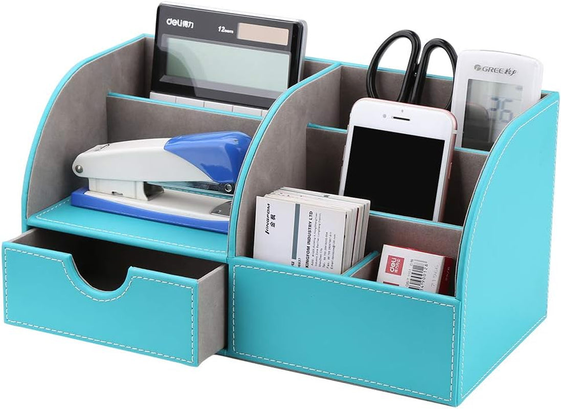 Pu Leather Desk Organizer Pen Pencil Holder Office Supplies Caddy Storage Box 6 Compartments with Drawer Mint Blue(Half PU)