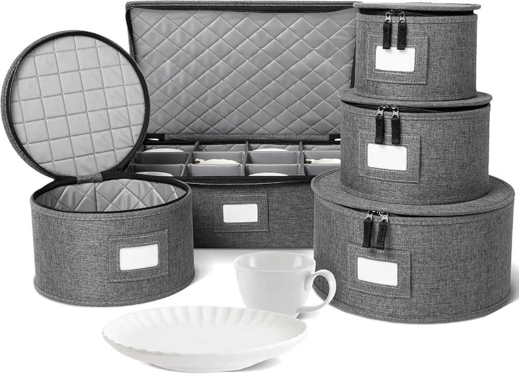 China Storage Containers, Hard Shell Case with Felt Dividers for Charger Plates, and Dishes, Ideal for Kitchen Organization, Moving Supplies, and Fine China Storage - 5-Piece Set, Gray