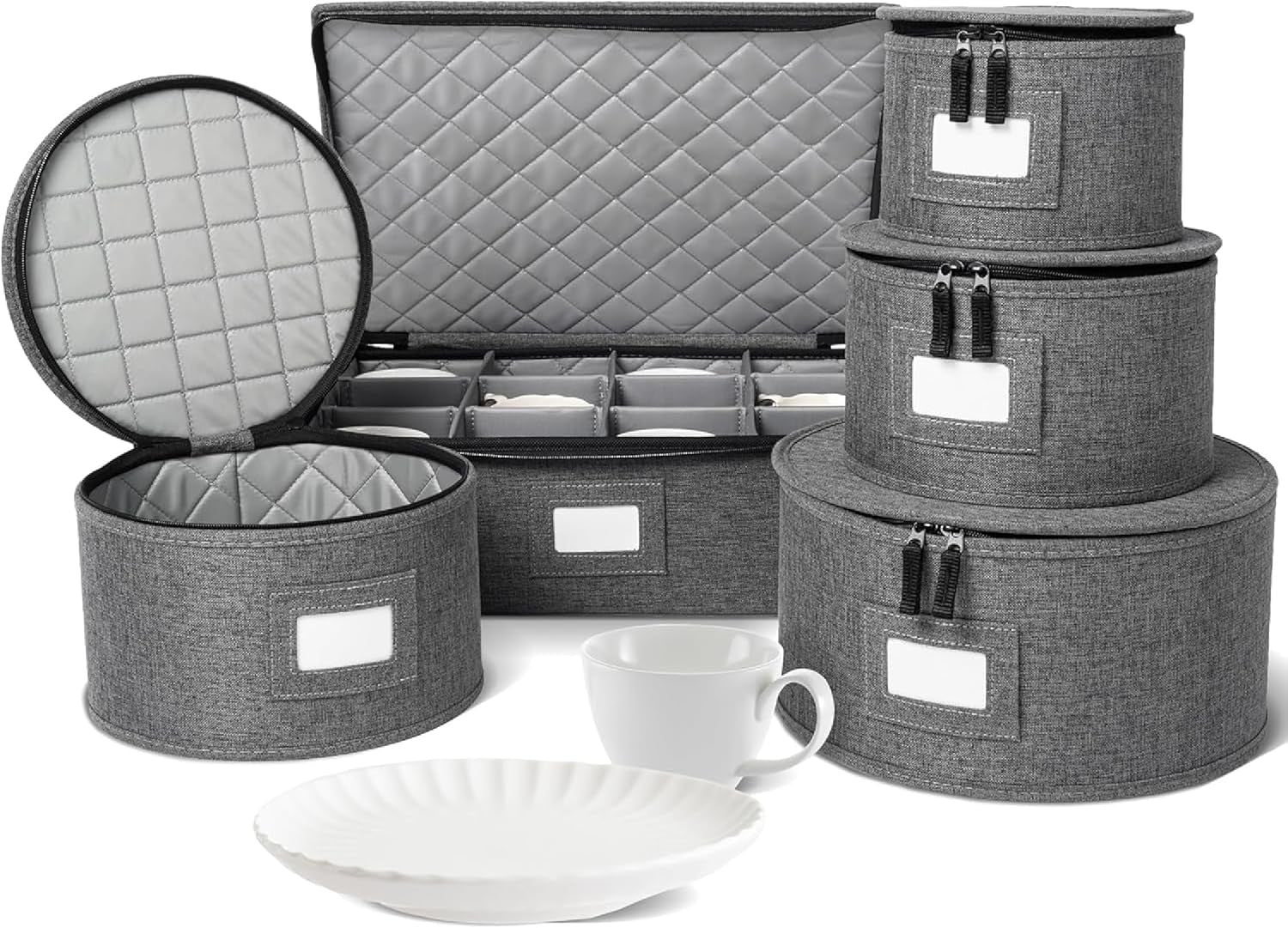 China Storage Containers, Hard Shell Case with Felt Dividers for Charger Plates, and Dishes, Ideal for Kitchen Organization, Moving Supplies, and Fine China Storage - 5-Piece Set, Gray