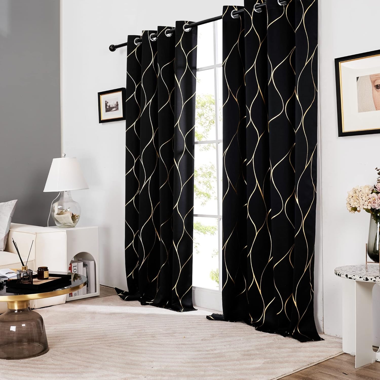 Gold Wave Print Blackout Curtains for Bedroom, Thermal Insulated Curtains for Living Room, Room Darkening Drapes (Black/Wave, 52X96 Inch, 2 Panels)