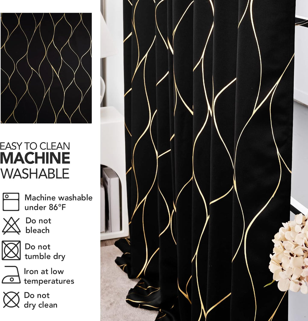 Gold Wave Print Blackout Curtains for Bedroom, Thermal Insulated Curtains for Living Room, Room Darkening Drapes (Black/Wave, 52X96 Inch, 2 Panels)