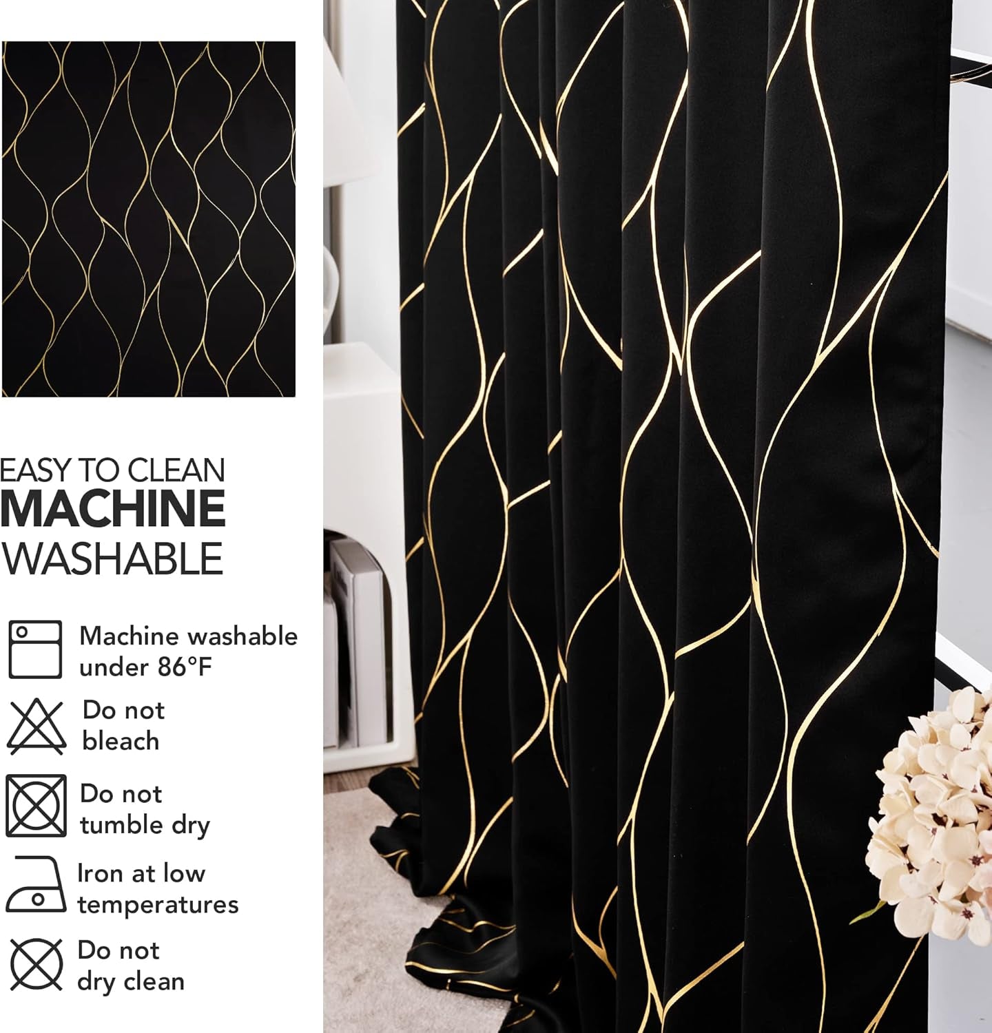 Gold Wave Print Blackout Curtains for Bedroom, Thermal Insulated Curtains for Living Room, Room Darkening Drapes (Black/Wave, 52X96 Inch, 2 Panels)