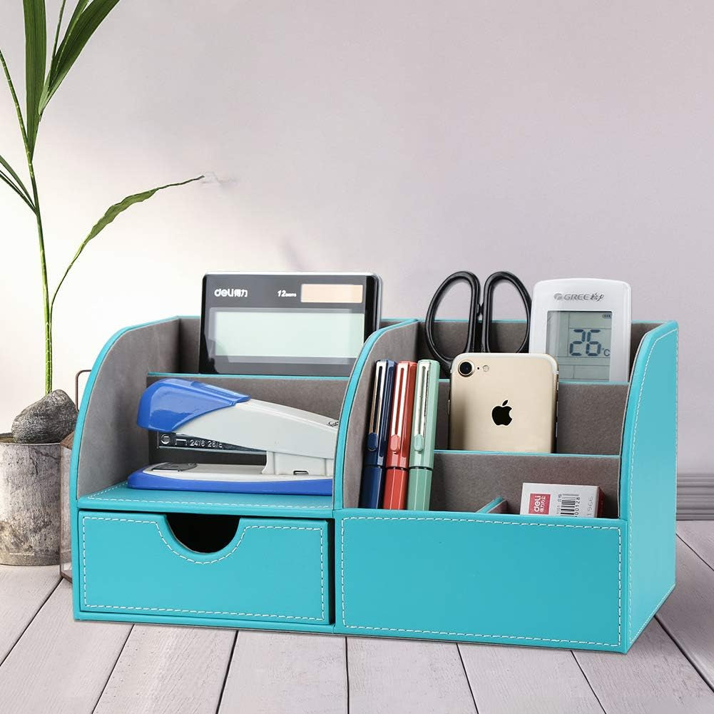 Pu Leather Desk Organizer Pen Pencil Holder Office Supplies Caddy Storage Box 6 Compartments with Drawer Mint Blue(Half PU)