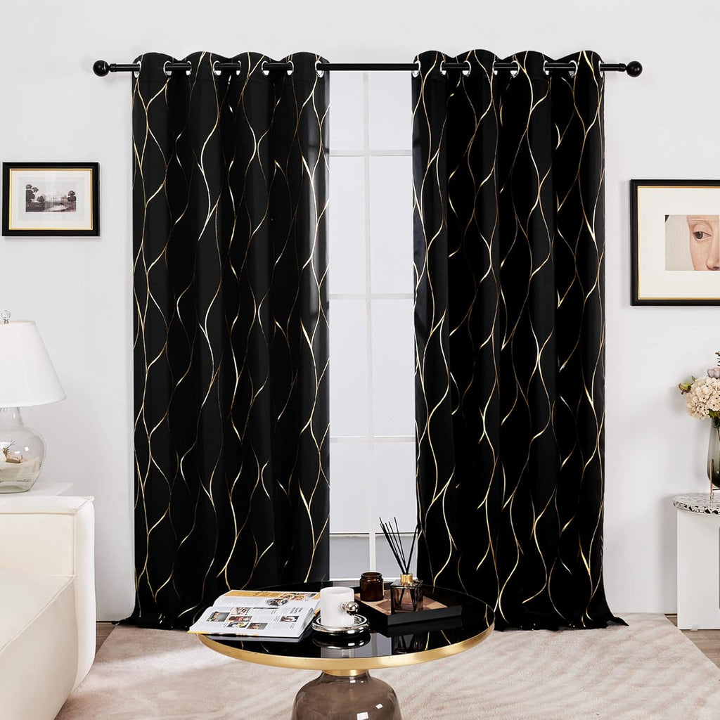 Gold Wave Print Blackout Curtains for Bedroom, Thermal Insulated Curtains for Living Room, Room Darkening Drapes (Black/Wave, 52X96 Inch, 2 Panels)
