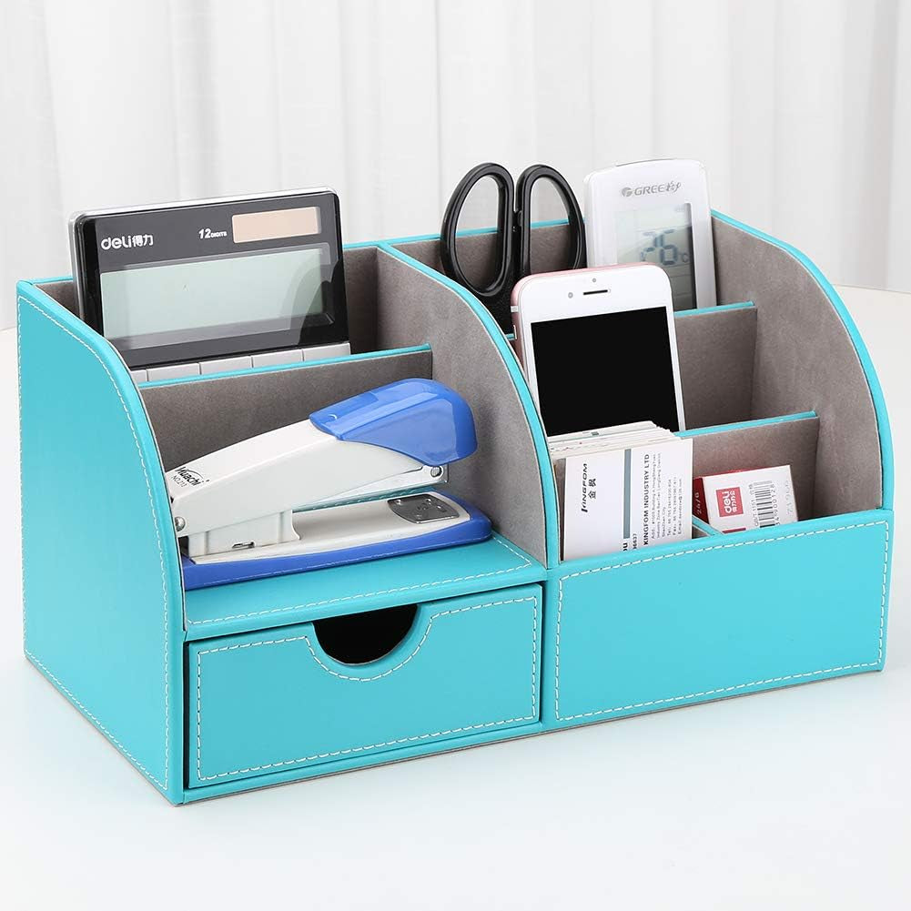 Pu Leather Desk Organizer Pen Pencil Holder Office Supplies Caddy Storage Box 6 Compartments with Drawer Mint Blue(Half PU)