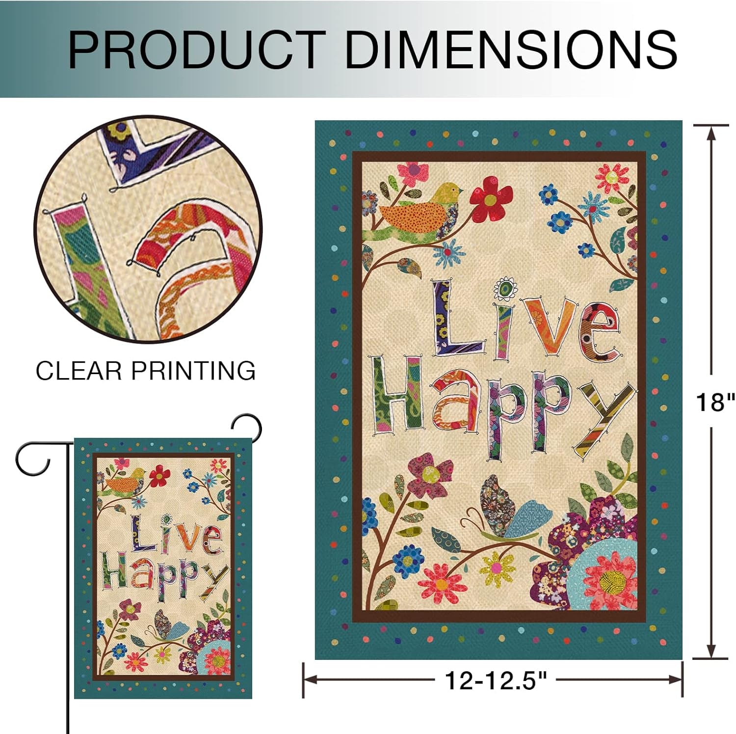 Live Happy Decorative Small Garden Flag Flower Bird, Spring Summer Inspirational Quote House Yard Outdoor Butterfly Floral Decor Double Sided, Fall Positive Farmhouse outside Decoration 12 X 18