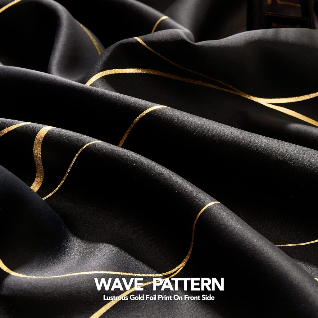 Gold Wave Print Blackout Curtains for Bedroom, Thermal Insulated Curtains for Living Room, Room Darkening Drapes (Black/Wave, 52X96 Inch, 2 Panels)