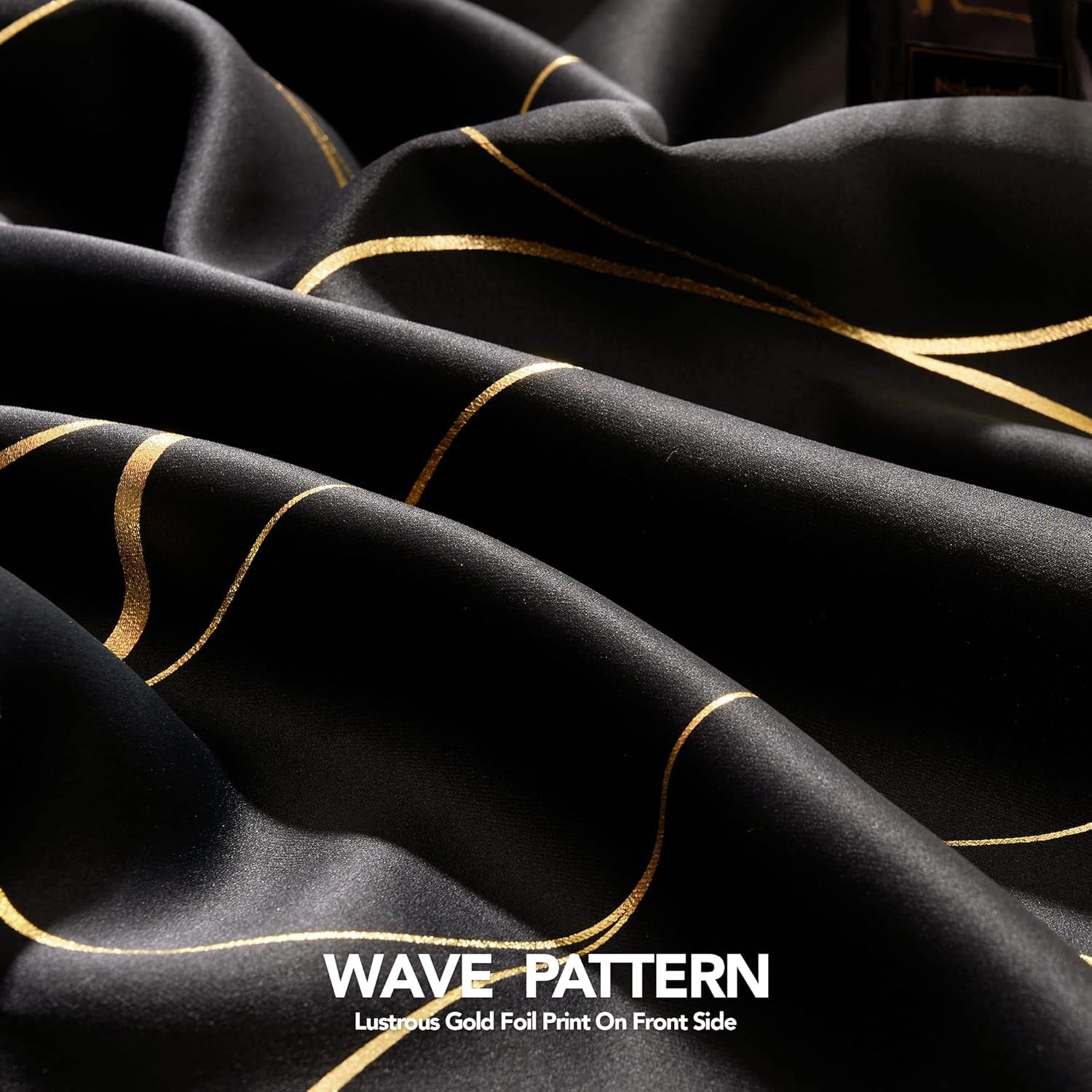 Gold Wave Print Blackout Curtains for Bedroom, Thermal Insulated Curtains for Living Room, Room Darkening Drapes (Black/Wave, 52X96 Inch, 2 Panels)