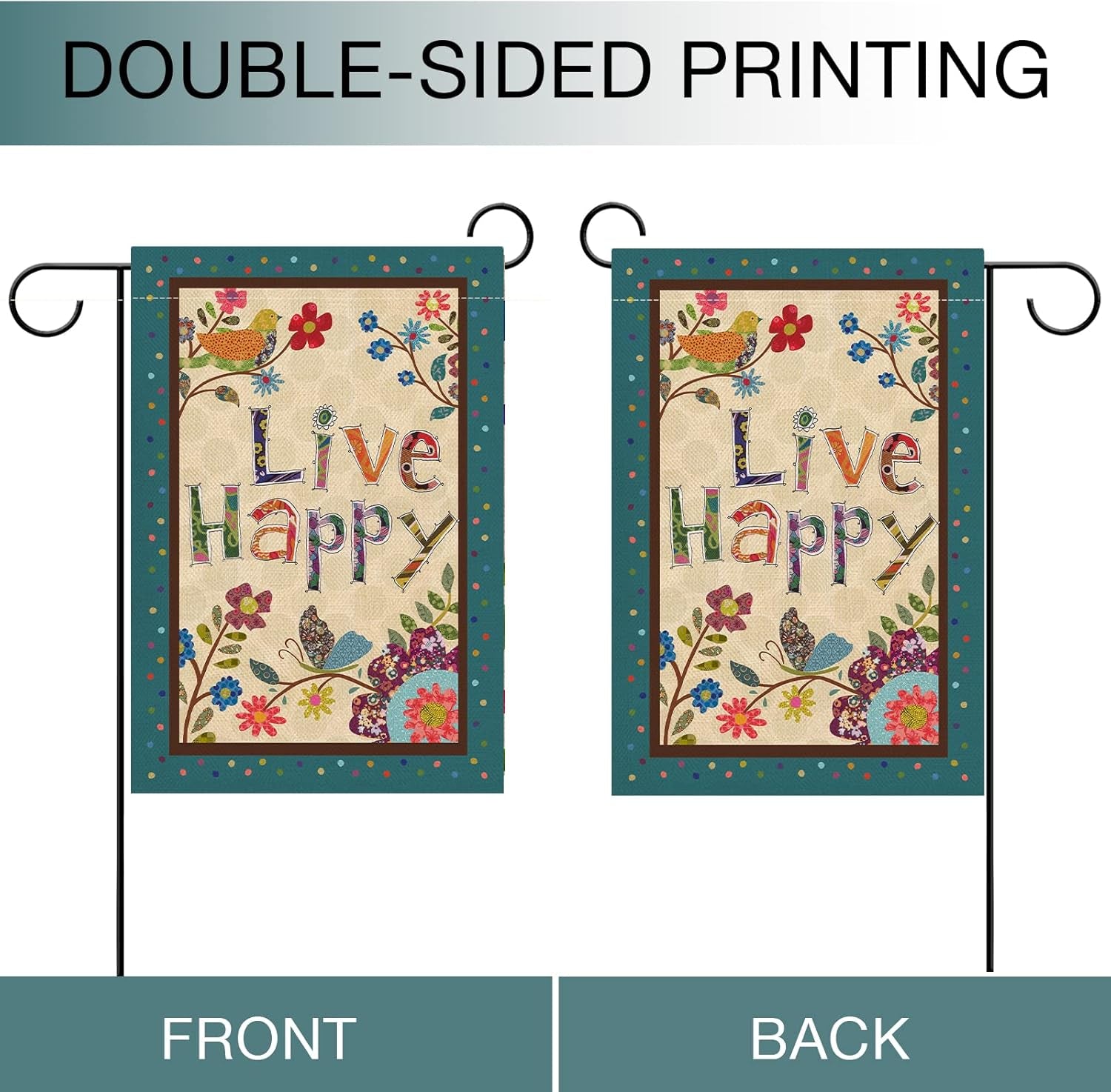 Live Happy Decorative Small Garden Flag Flower Bird, Spring Summer Inspirational Quote House Yard Outdoor Butterfly Floral Decor Double Sided, Fall Positive Farmhouse outside Decoration 12 X 18