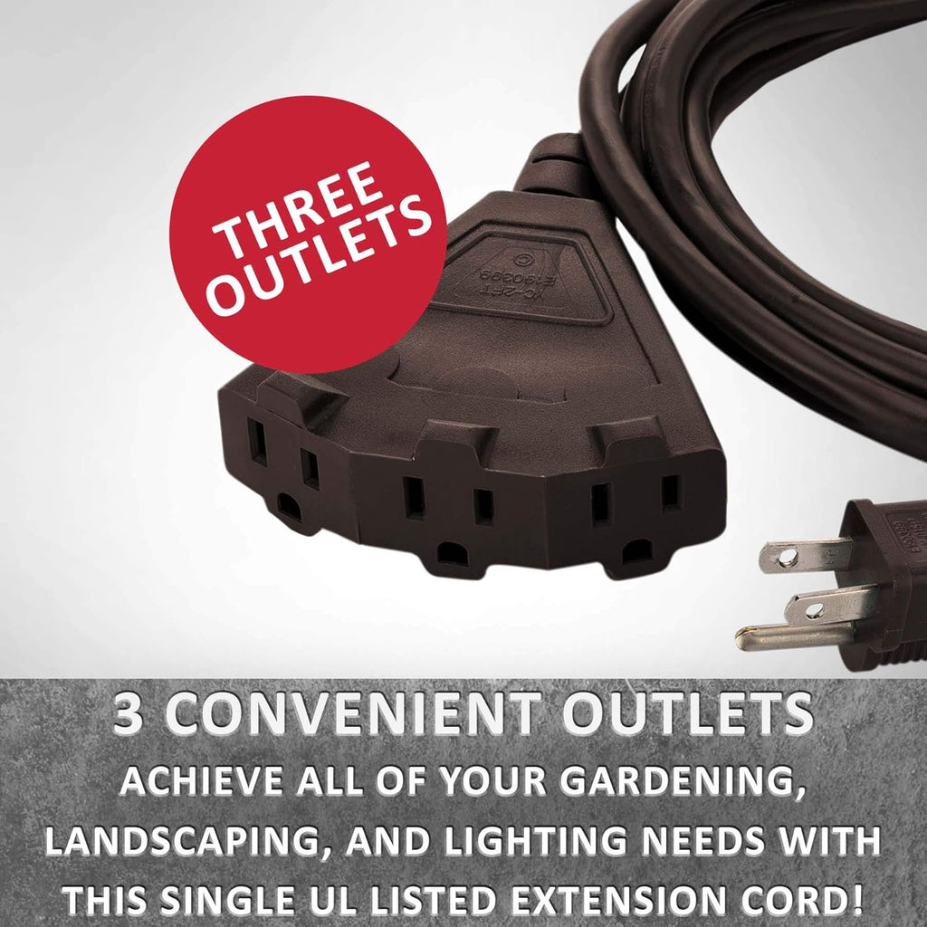50-Foot Brown Extension Cord, 3-Prong Indoor & Outdoor Splitter, Perfect for Landscape Lighting
