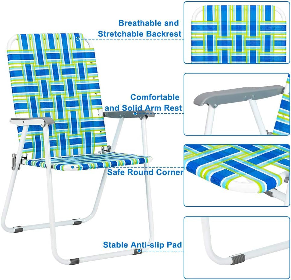 Patio Lawn Webbed Folding Chairs Set of 2, Outdoor Beach Portable Lawn Chair Camping Chair Beach Chair for Yard, Garden Dining (Blue, Classic)