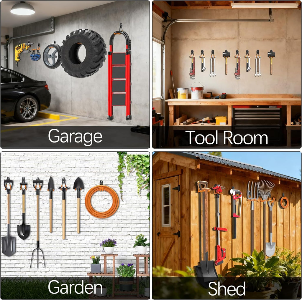 Garage Wall Hooks 14 Pack, Garage Hooks Heavy Duty with Extra Welding Spots, Wall Mount Storage Organizer for Hanging Garden Lawn Tools Ladder Bike Weedeater Chair Shovel Blower (Orange)