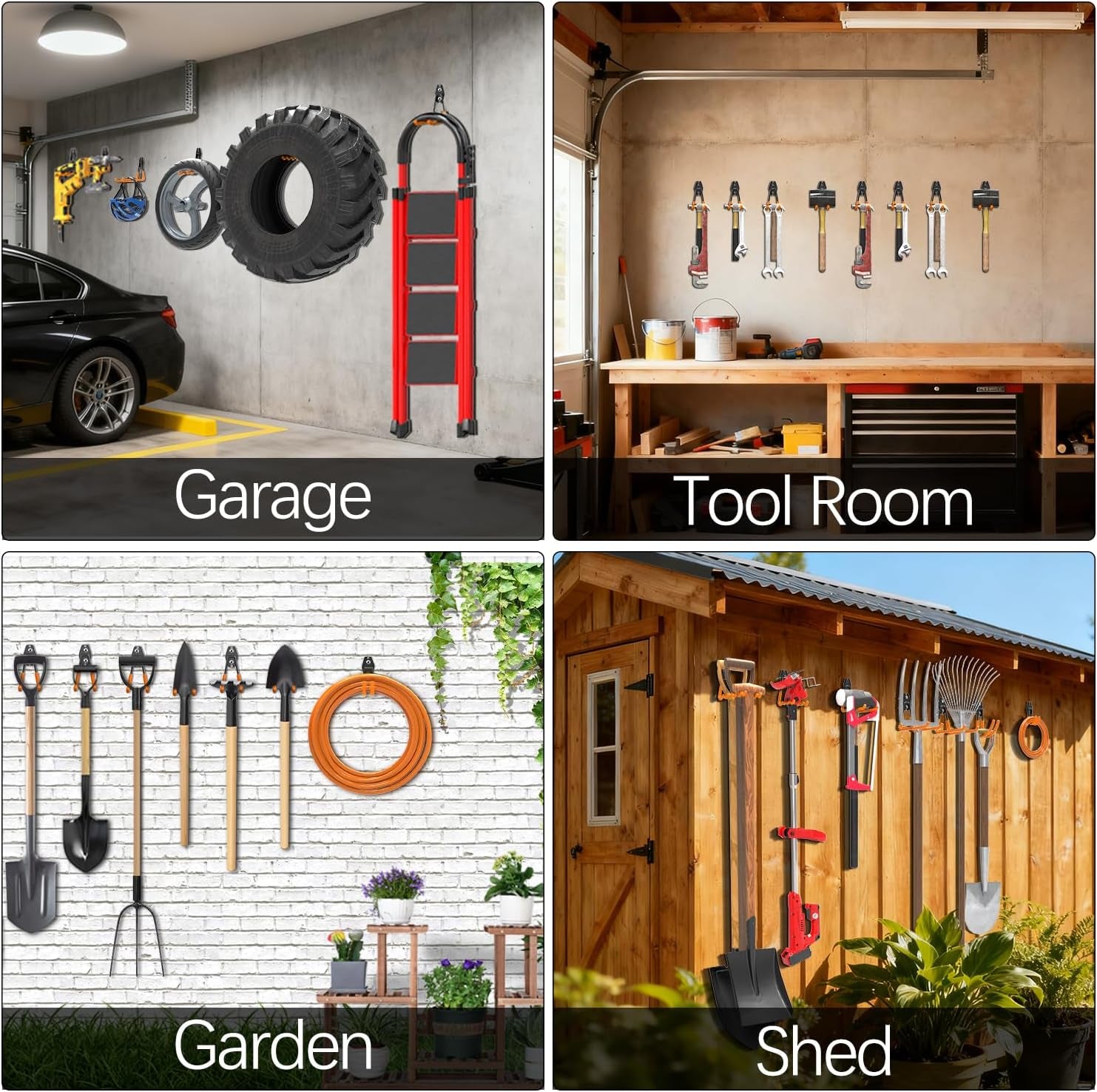Garage Wall Hooks 14 Pack, Garage Hooks Heavy Duty with Extra Welding Spots, Wall Mount Storage Organizer for Hanging Garden Lawn Tools Ladder Bike Weedeater Chair Shovel Blower (Orange)