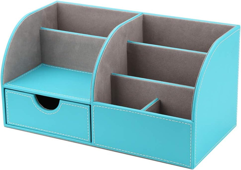 Pu Leather Desk Organizer Pen Pencil Holder Office Supplies Caddy Storage Box 6 Compartments with Drawer Mint Blue(Half PU)