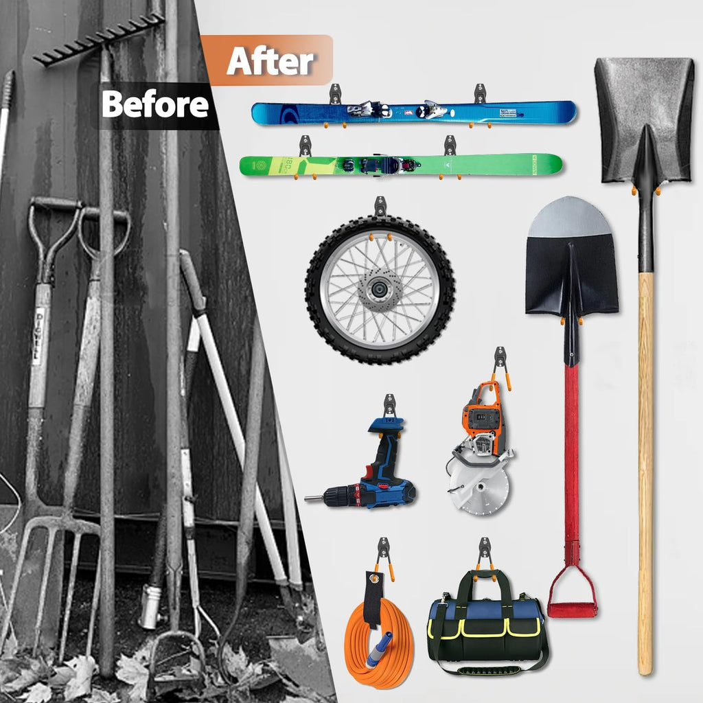 Garage Wall Hooks 14 Pack, Garage Hooks Heavy Duty with Extra Welding Spots, Wall Mount Storage Organizer for Hanging Garden Lawn Tools Ladder Bike Weedeater Chair Shovel Blower (Orange)