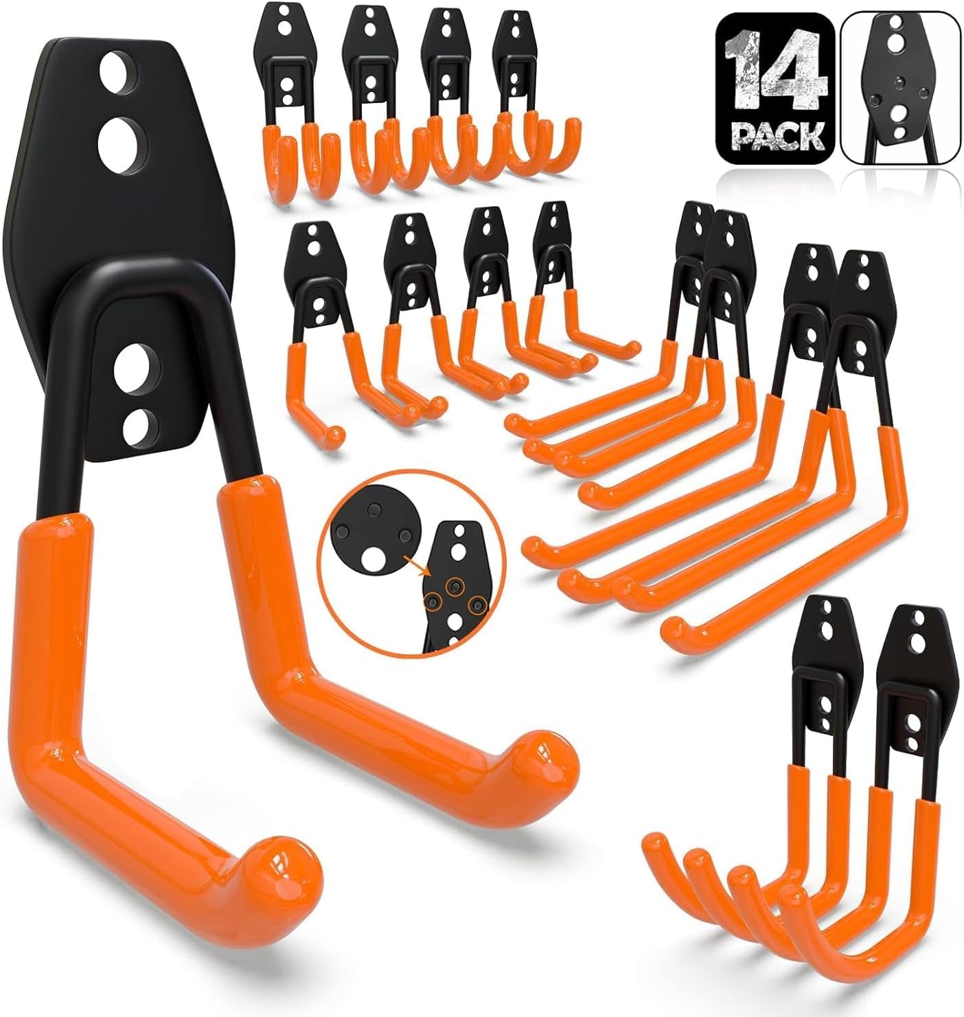 Garage Wall Hooks 14 Pack, Garage Hooks Heavy Duty with Extra Welding Spots, Wall Mount Storage Organizer for Hanging Garden Lawn Tools Ladder Bike Weedeater Chair Shovel Blower (Orange)