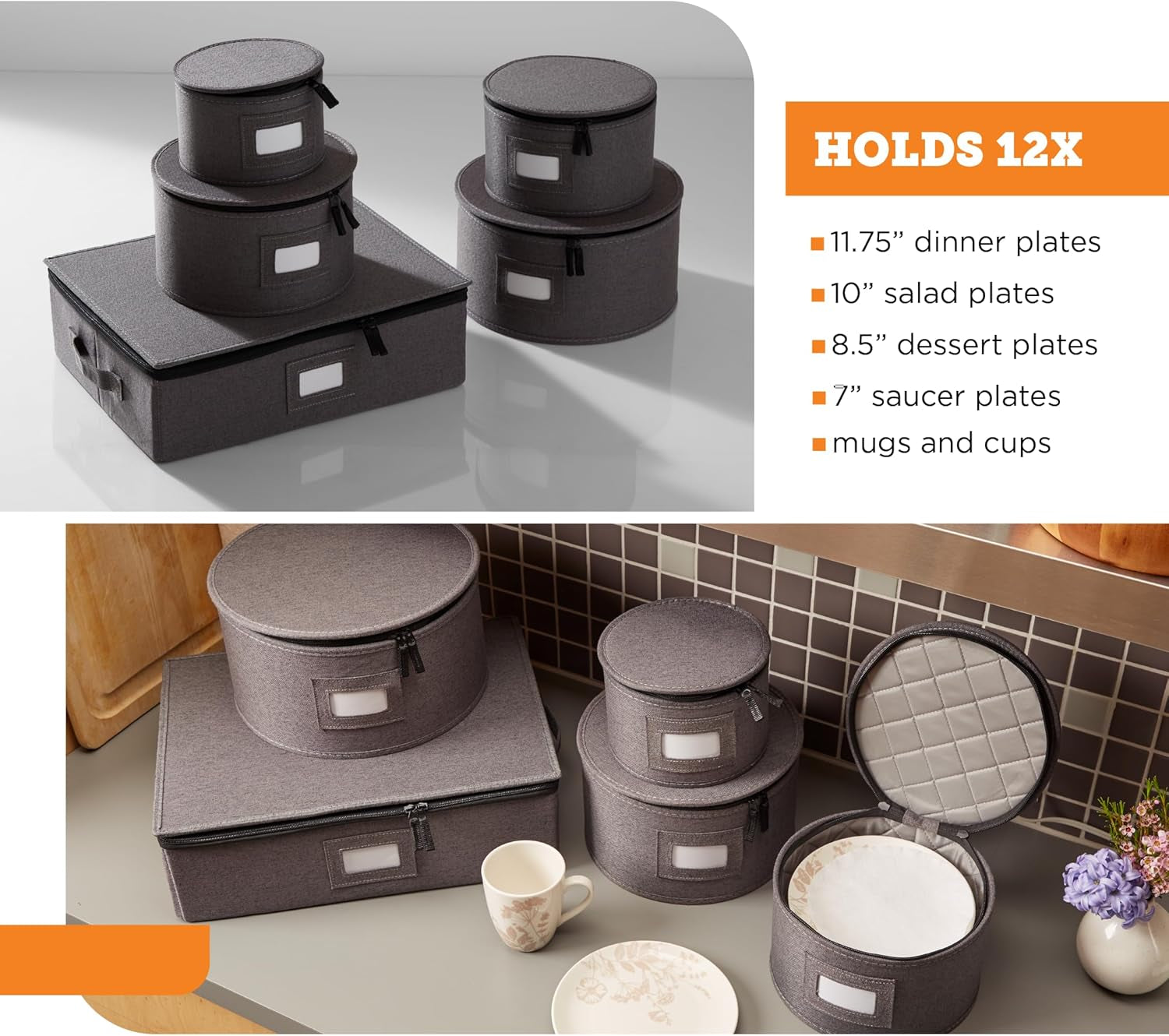 China Storage Containers, Hard Shell Case with Felt Dividers for Charger Plates, and Dishes, Ideal for Kitchen Organization, Moving Supplies, and Fine China Storage - 5-Piece Set, Gray