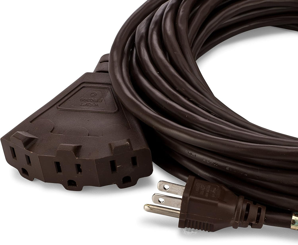 50-Foot Brown Extension Cord, 3-Prong Indoor & Outdoor Splitter, Perfect for Landscape Lighting