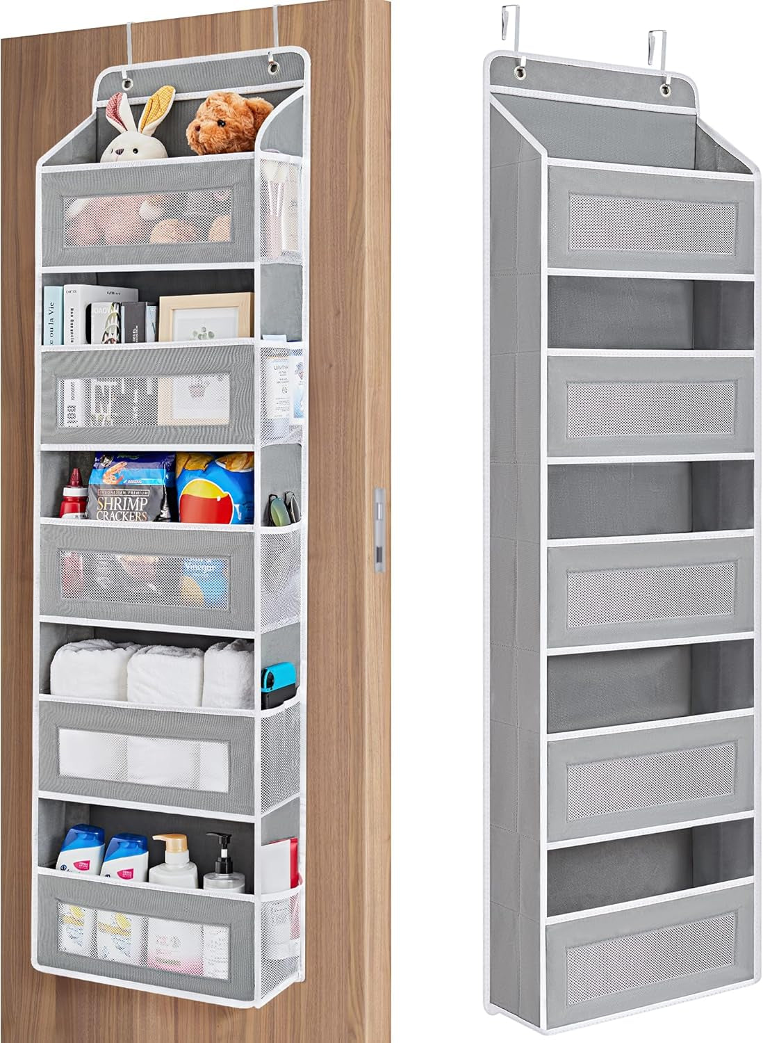 over the Door Organizer Storage, 5 Shelf Hanging Door Organizer with 5 Large Capacity Pockets, anti Tilt 44 Lb Load behind Door Storage for Bedroom, Bathroom, Pantry, Nursery, (Grey)