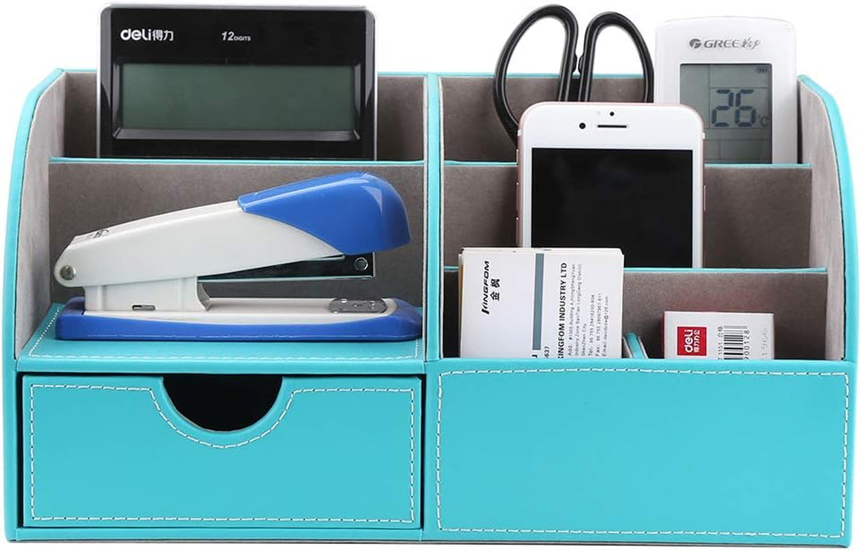 Pu Leather Desk Organizer Pen Pencil Holder Office Supplies Caddy Storage Box 6 Compartments with Drawer Mint Blue(Half PU)