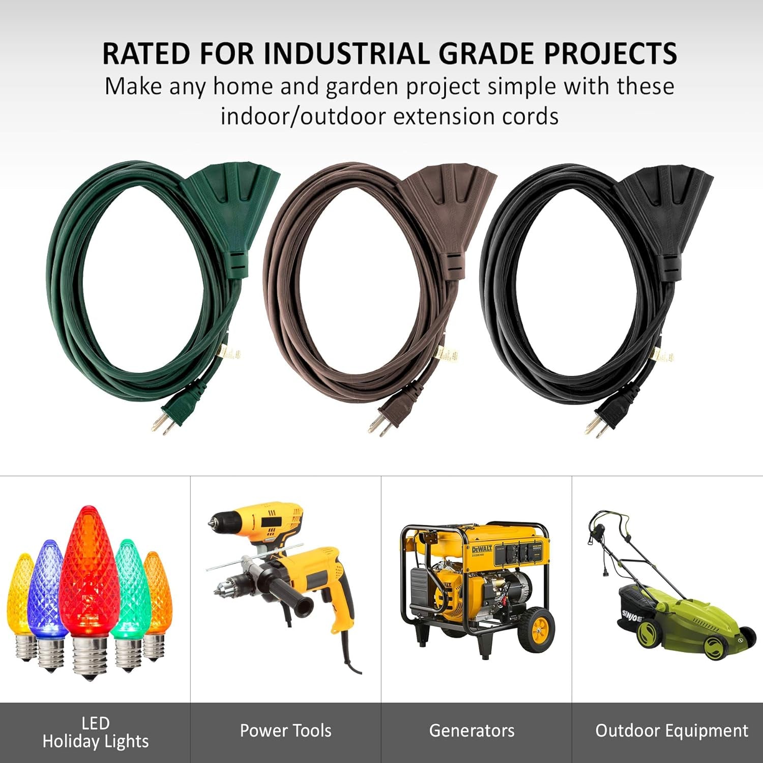 50-Foot Brown Extension Cord, 3-Prong Indoor & Outdoor Splitter, Perfect for Landscape Lighting