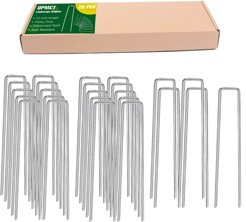 12 Inch Galvanized Garden Landscape Staples Stakes, 25 50 100 PCS Anti-Rust Garden Staples Tent Ground Stakes U-Shaped Landscape Pins for Secure Lawn Fabric, Decoration (25, 12 Inch)