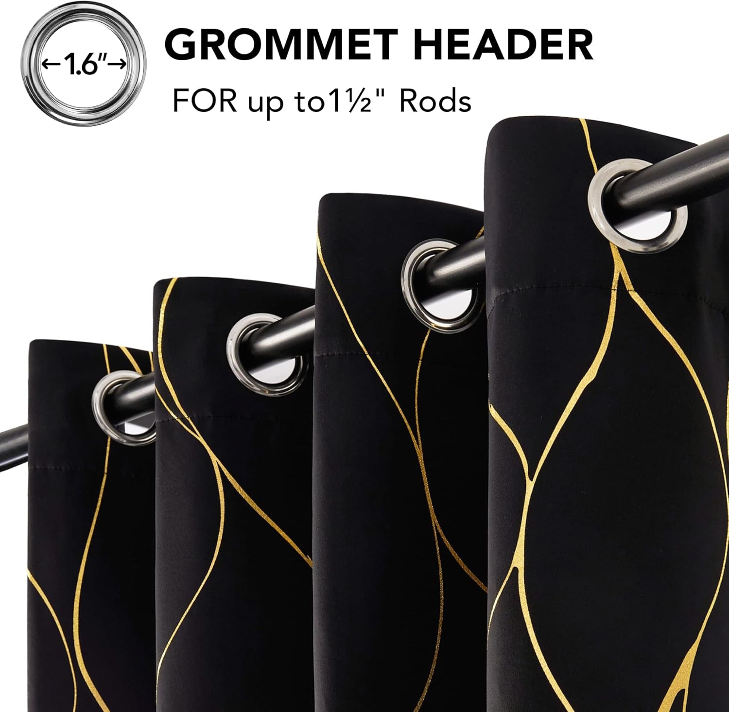 Gold Wave Print Blackout Curtains for Bedroom, Thermal Insulated Curtains for Living Room, Room Darkening Drapes (Black/Wave, 52X96 Inch, 2 Panels)