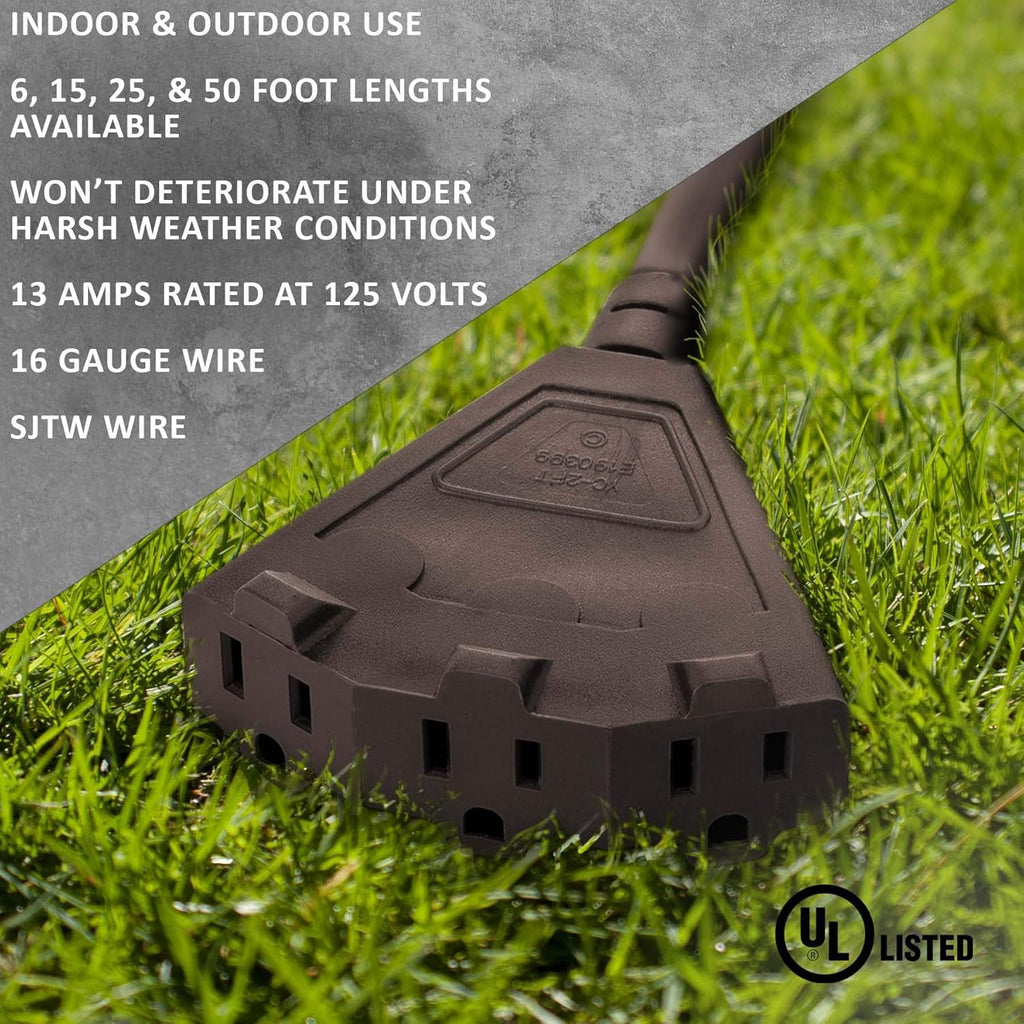 50-Foot Brown Extension Cord, 3-Prong Indoor & Outdoor Splitter, Perfect for Landscape Lighting