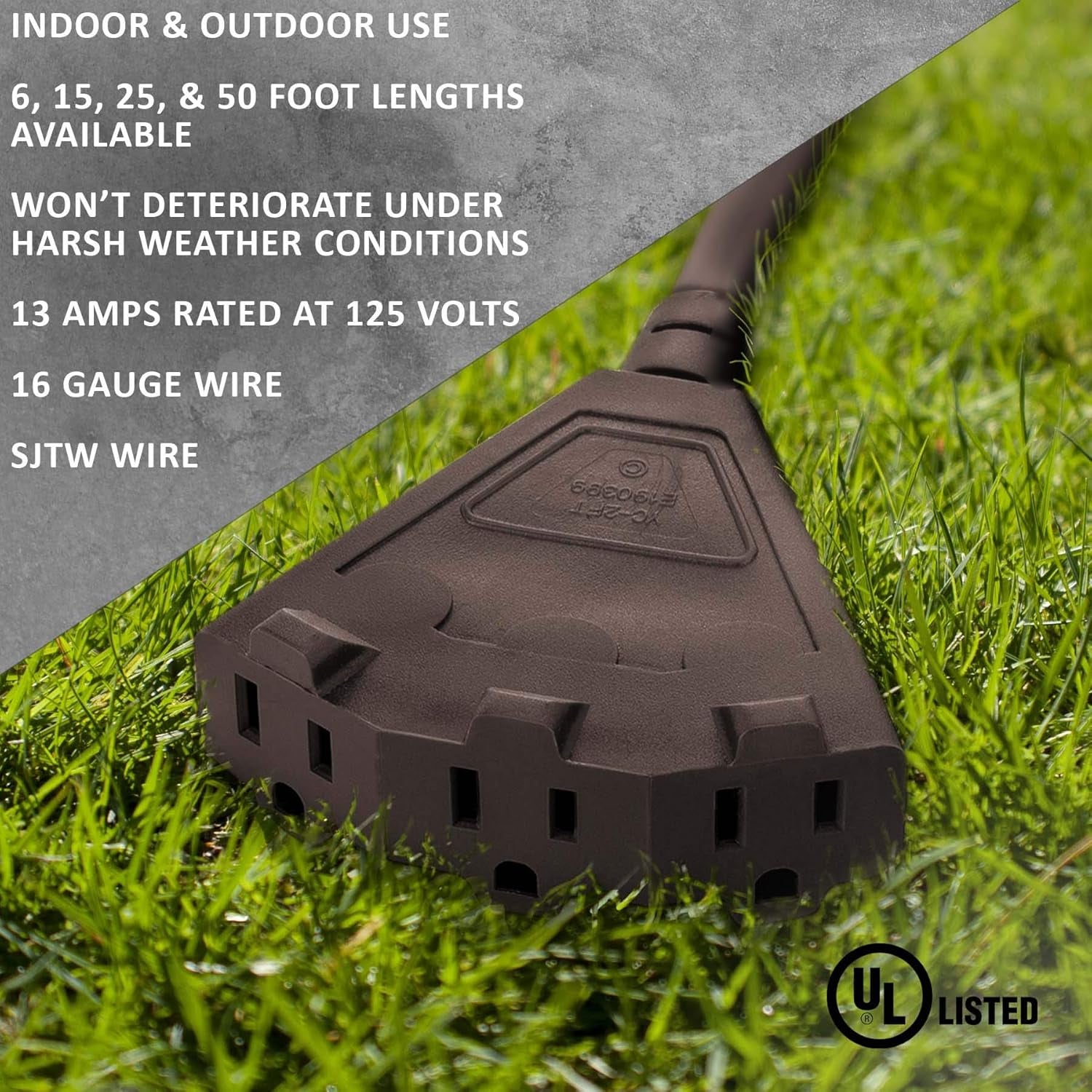 50-Foot Brown Extension Cord, 3-Prong Indoor & Outdoor Splitter, Perfect for Landscape Lighting