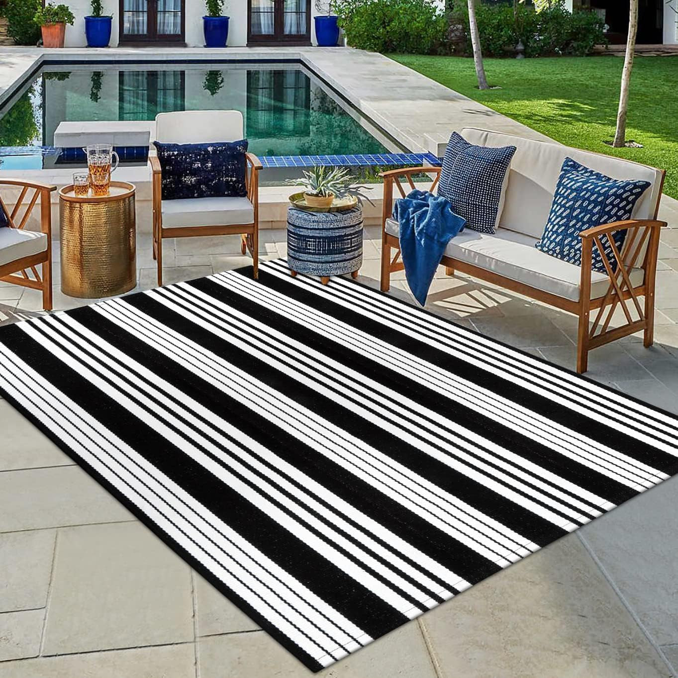 Black and White Outdoor Rug 4X6 Ft Cotton Woven Patio Rug Machine Washable Front Door Mat Indoor/Outdoor Area Rugs Floor Mat for Farmhouse/Front Porch/Lawn/Living Room/Deck/Home Entrance Decor