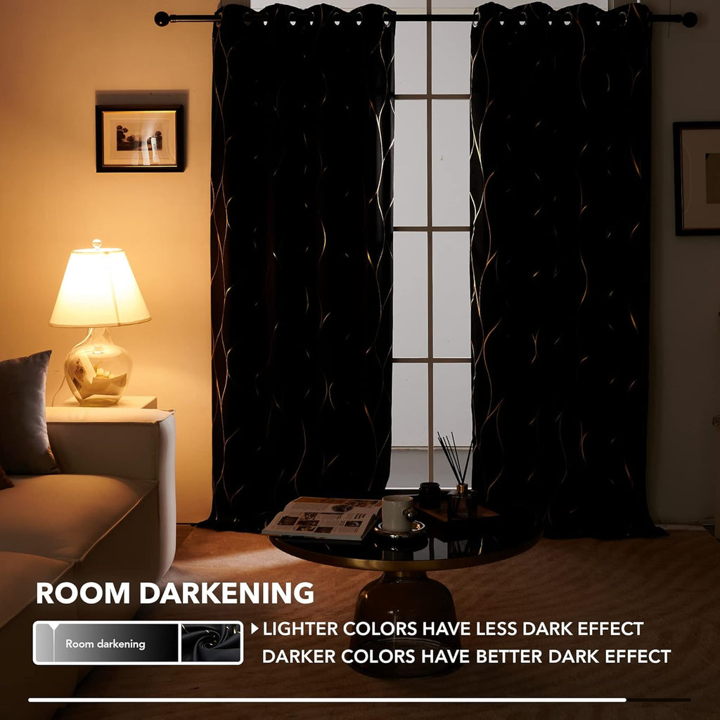 Gold Wave Print Blackout Curtains for Bedroom, Thermal Insulated Curtains for Living Room, Room Darkening Drapes (Black/Wave, 52X96 Inch, 2 Panels)