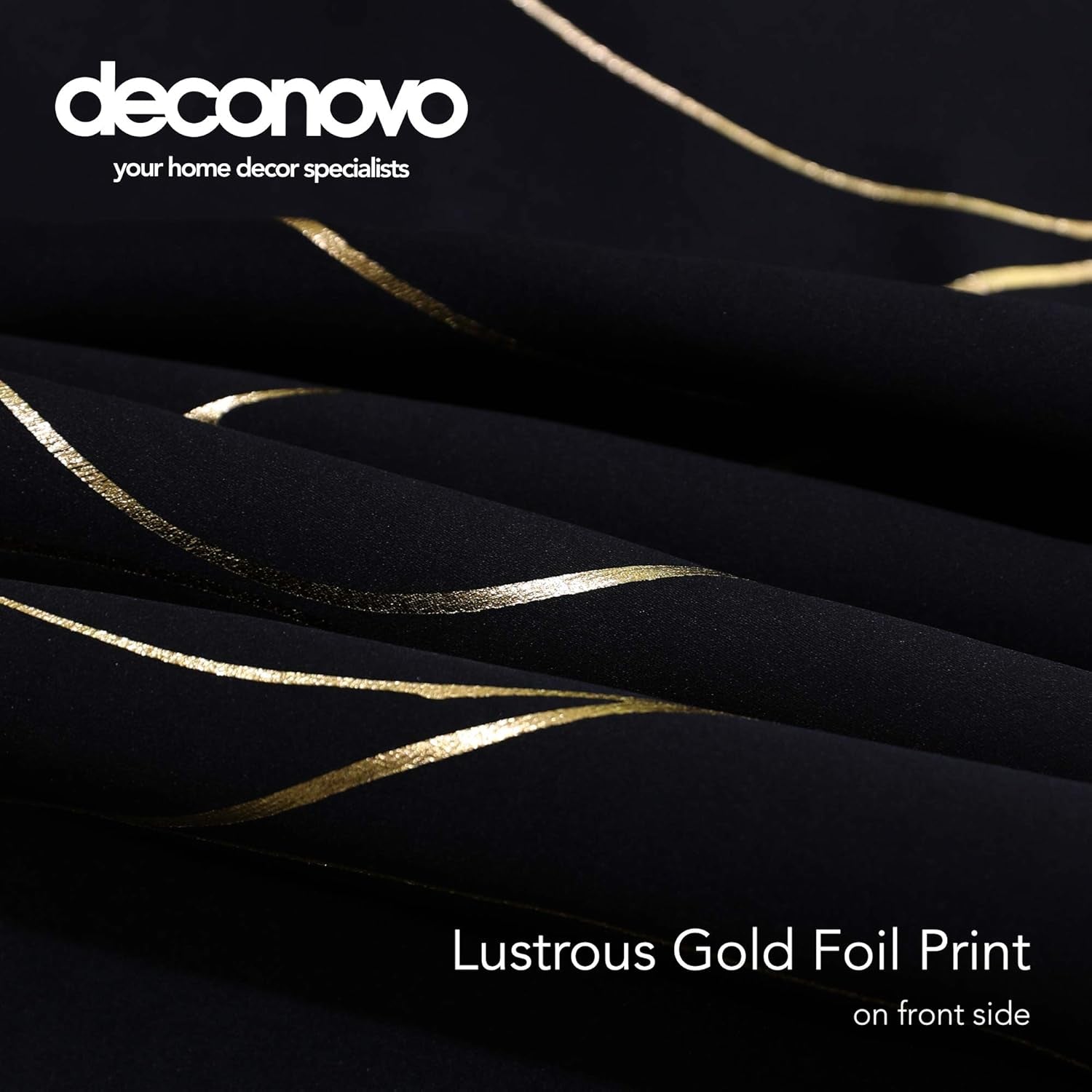 Gold Wave Print Blackout Curtains for Bedroom, Thermal Insulated Curtains for Living Room, Room Darkening Drapes (Black/Wave, 52X96 Inch, 2 Panels)