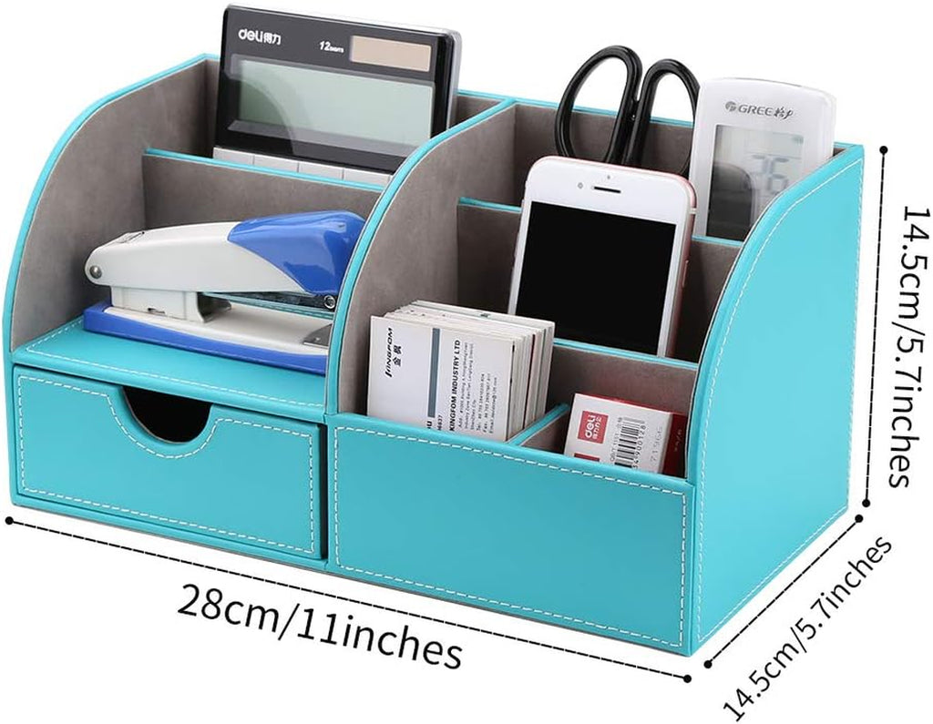 Pu Leather Desk Organizer Pen Pencil Holder Office Supplies Caddy Storage Box 6 Compartments with Drawer Mint Blue(Half PU)