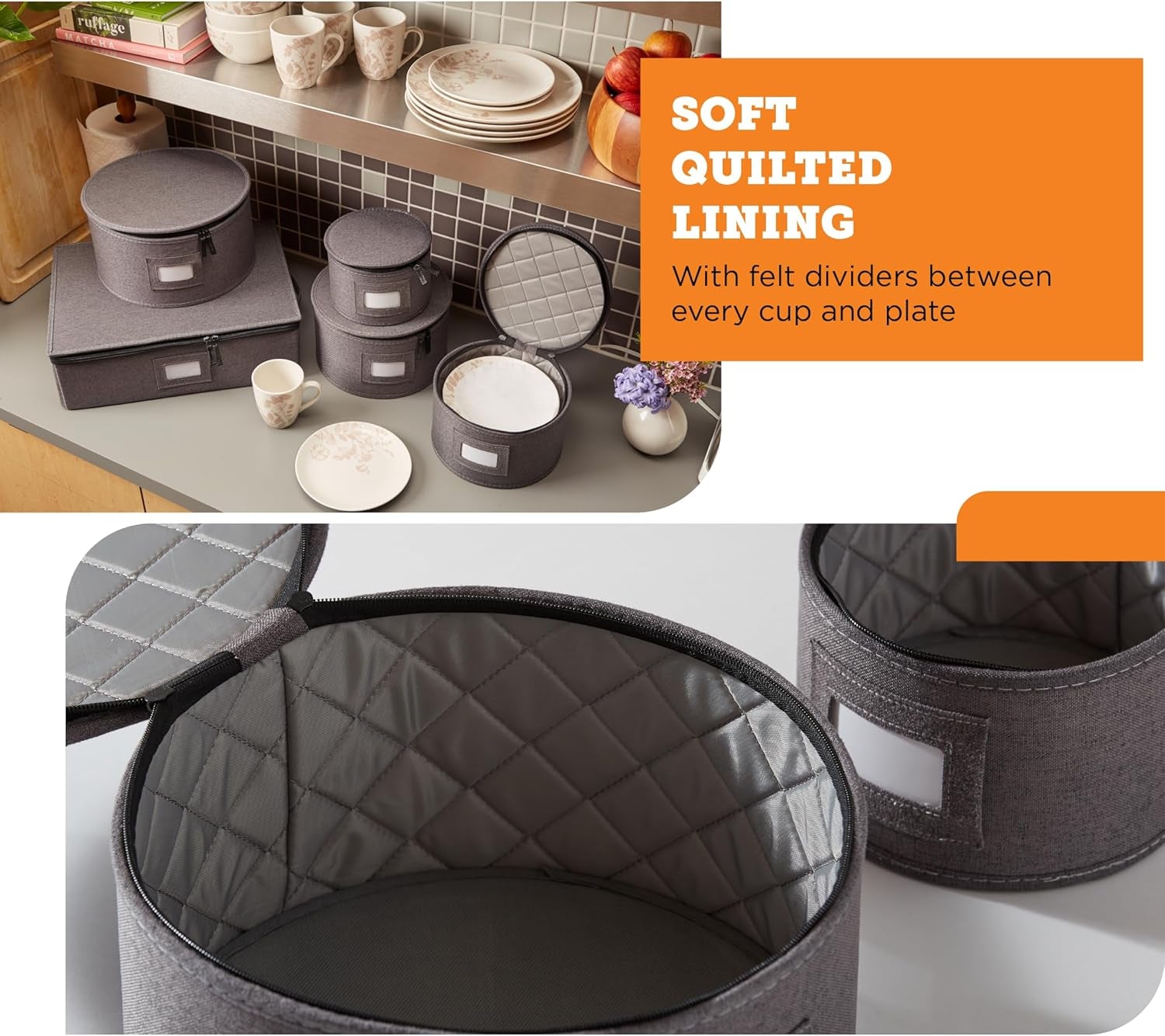 China Storage Containers, Hard Shell Case with Felt Dividers for Charger Plates, and Dishes, Ideal for Kitchen Organization, Moving Supplies, and Fine China Storage - 5-Piece Set, Gray