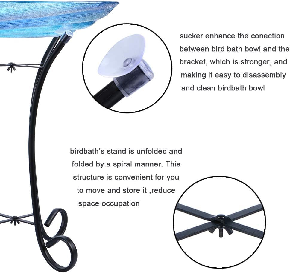 Outdoor Glass Birdbath with Metal Stand for Lawn Yard Garden Decor,18” Dia/21.65 Height